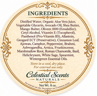 Botanical Comfort Blend body cream bottom ingredient label, net weight 8 oz